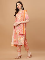 Printed Cotton Orange & Pink Kurta Pant & Dupatta Set, Multicolor - Hiral Fashion | Grocsy