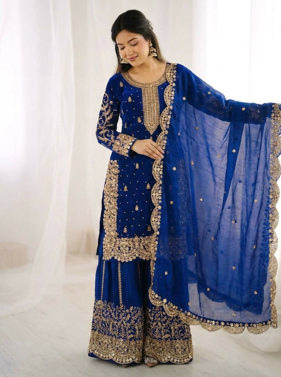 Teeya Creation Womens New Trendy Embroidery Coding And Sequence Work Royal Blue Kurta Set | Grocsy