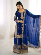 Teeya Creation Womens New Trendy Embroidery Coding And Sequence Work Royal Blue Kurta Set | Grocsy