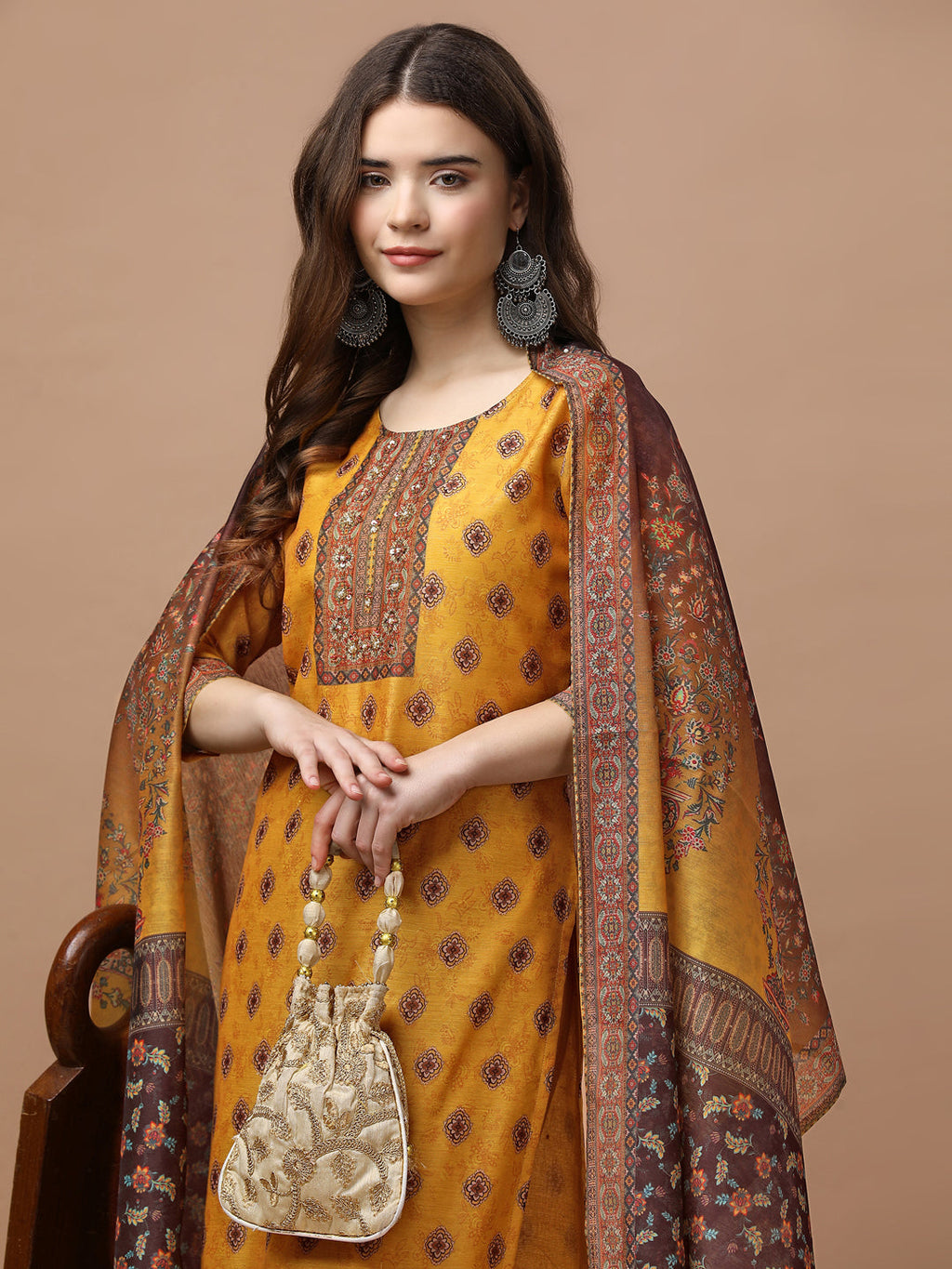Embroidered & Ethnic Motifs Printed Kurta With Pant & Dupatta, Multicolor - Hiral Fashion | Grocsy