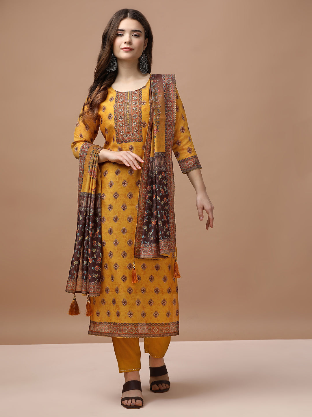 Embroidered & Ethnic Motifs Printed Kurta With Pant & Dupatta, Multicolor - Hiral Fashion | Grocsy