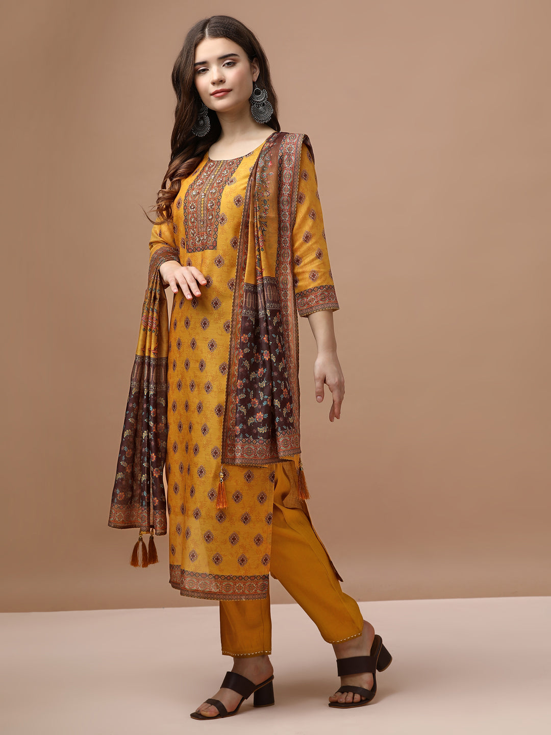 Embroidered & Ethnic Motifs Printed Kurta With Pant & Dupatta, Multicolor - Hiral Fashion | Grocsy