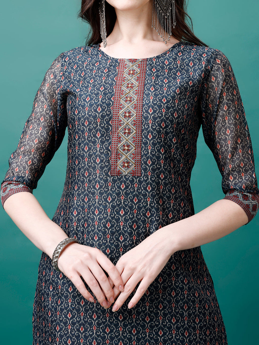 Hand Embroidered Kurta With Pant & Dupatta, Multicolor - Hiral Fashion | Grocsy