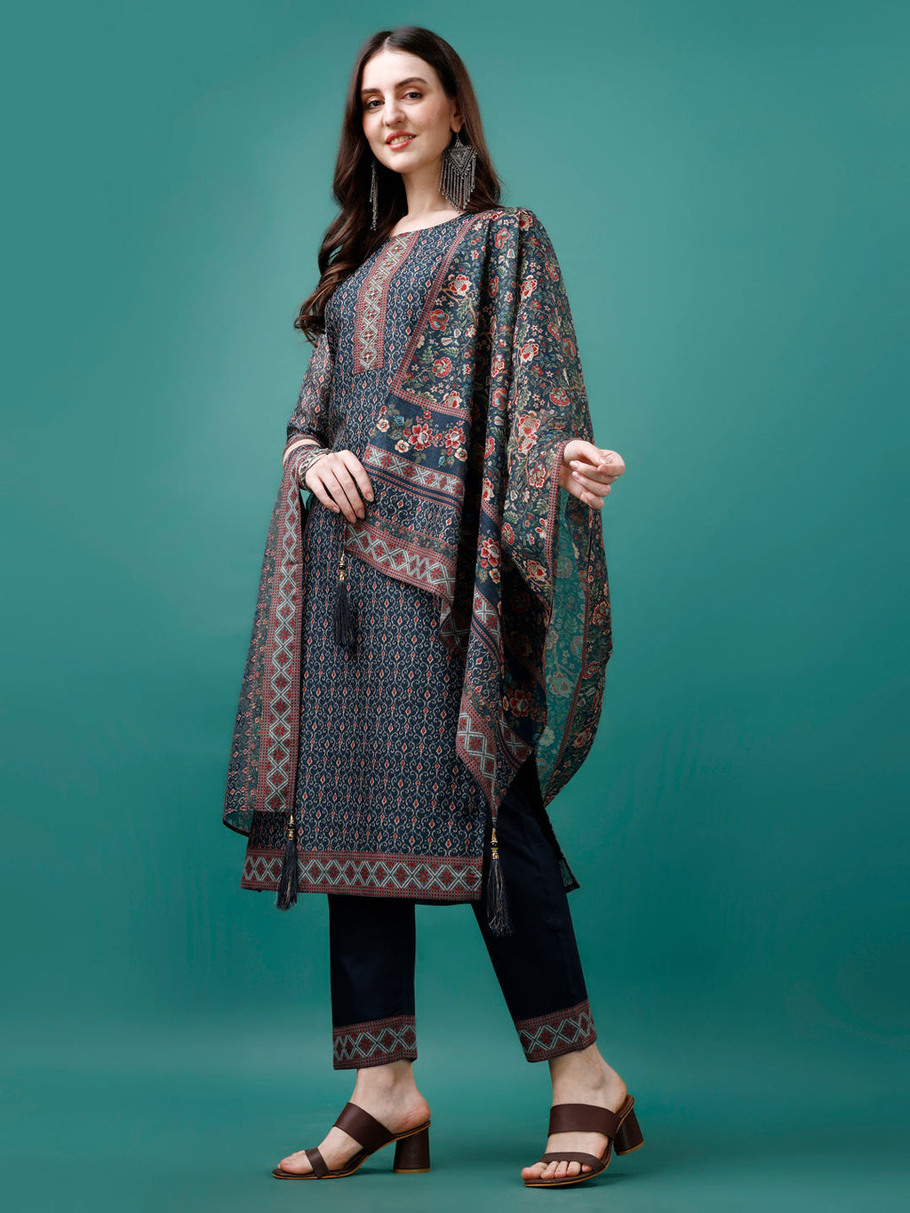 Hand Embroidered Kurta With Pant & Dupatta, Multicolor - Hiral Fashion | Grocsy
