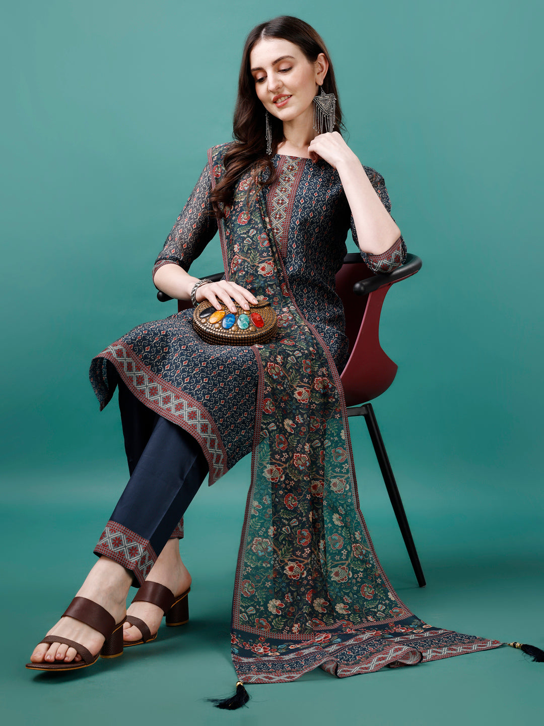 Hand Embroidered Kurta With Pant & Dupatta, Multicolor - Hiral Fashion | Grocsy