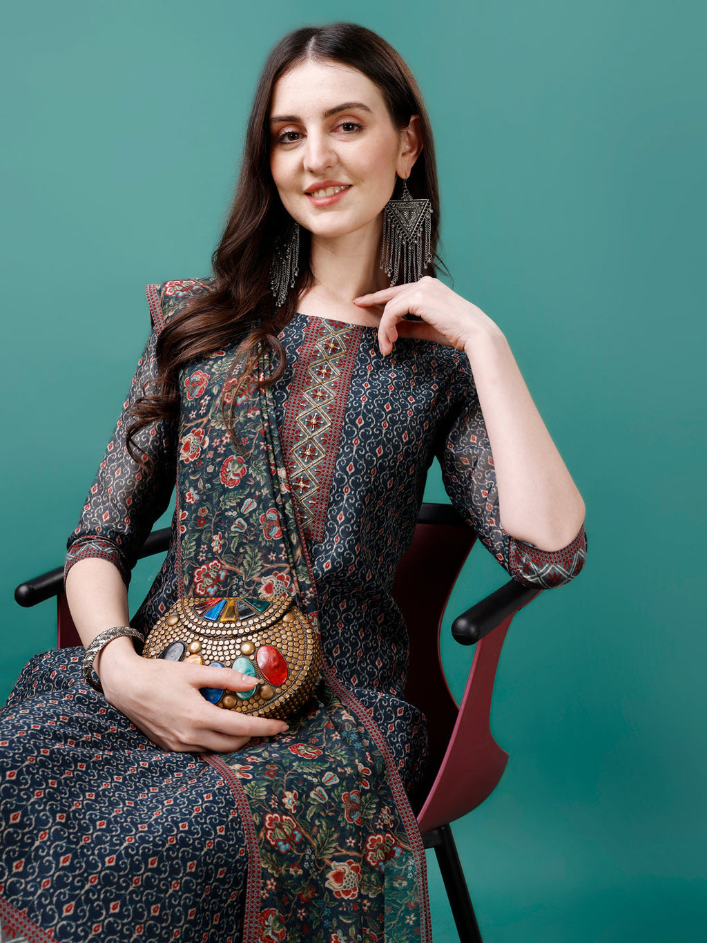 Hand Embroidered Kurta With Pant & Dupatta, Multicolor - Hiral Fashion | Grocsy
