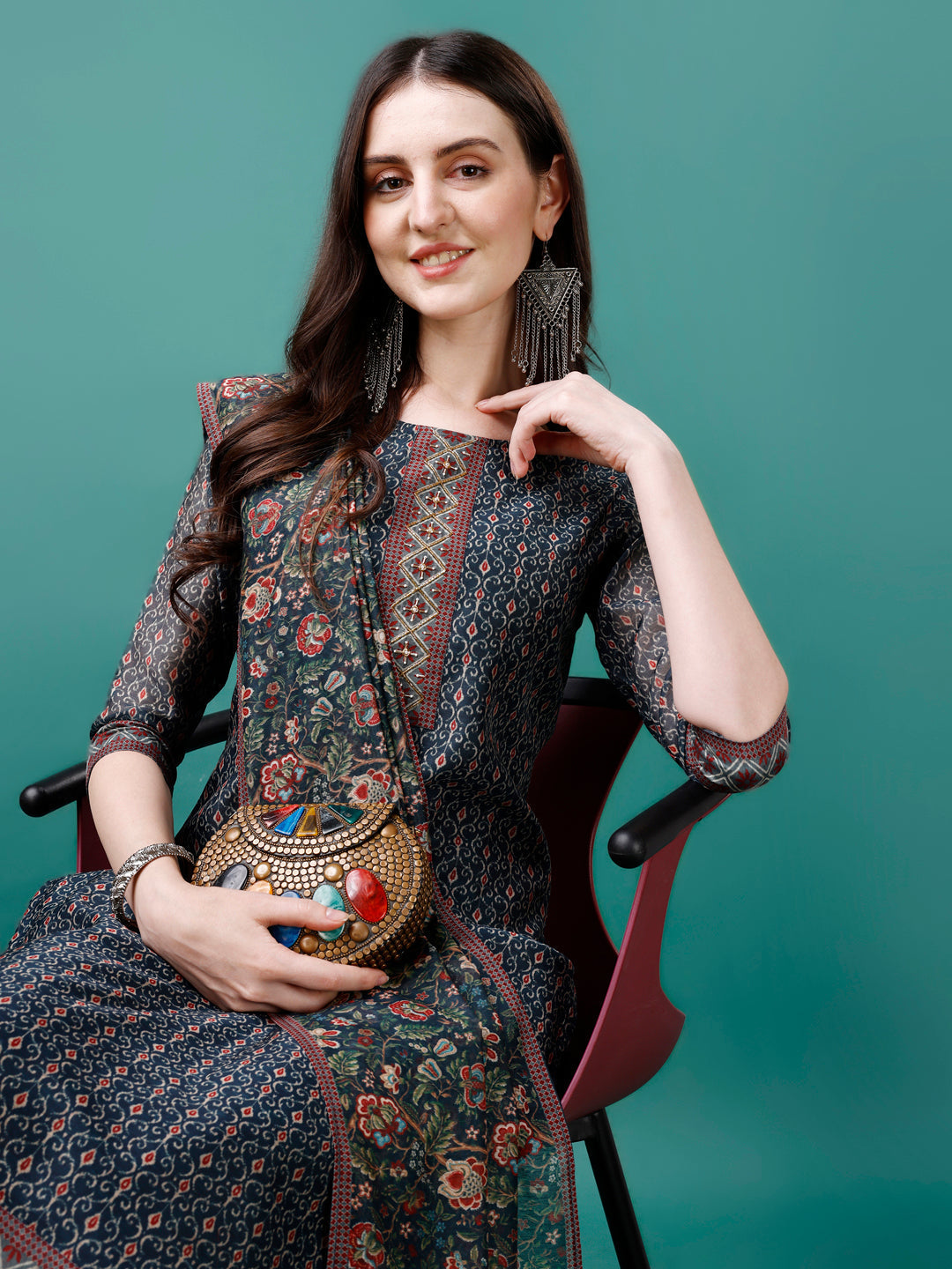 Hand Embroidered Kurta With Pant & Dupatta, Multicolor - Hiral Fashion | Grocsy