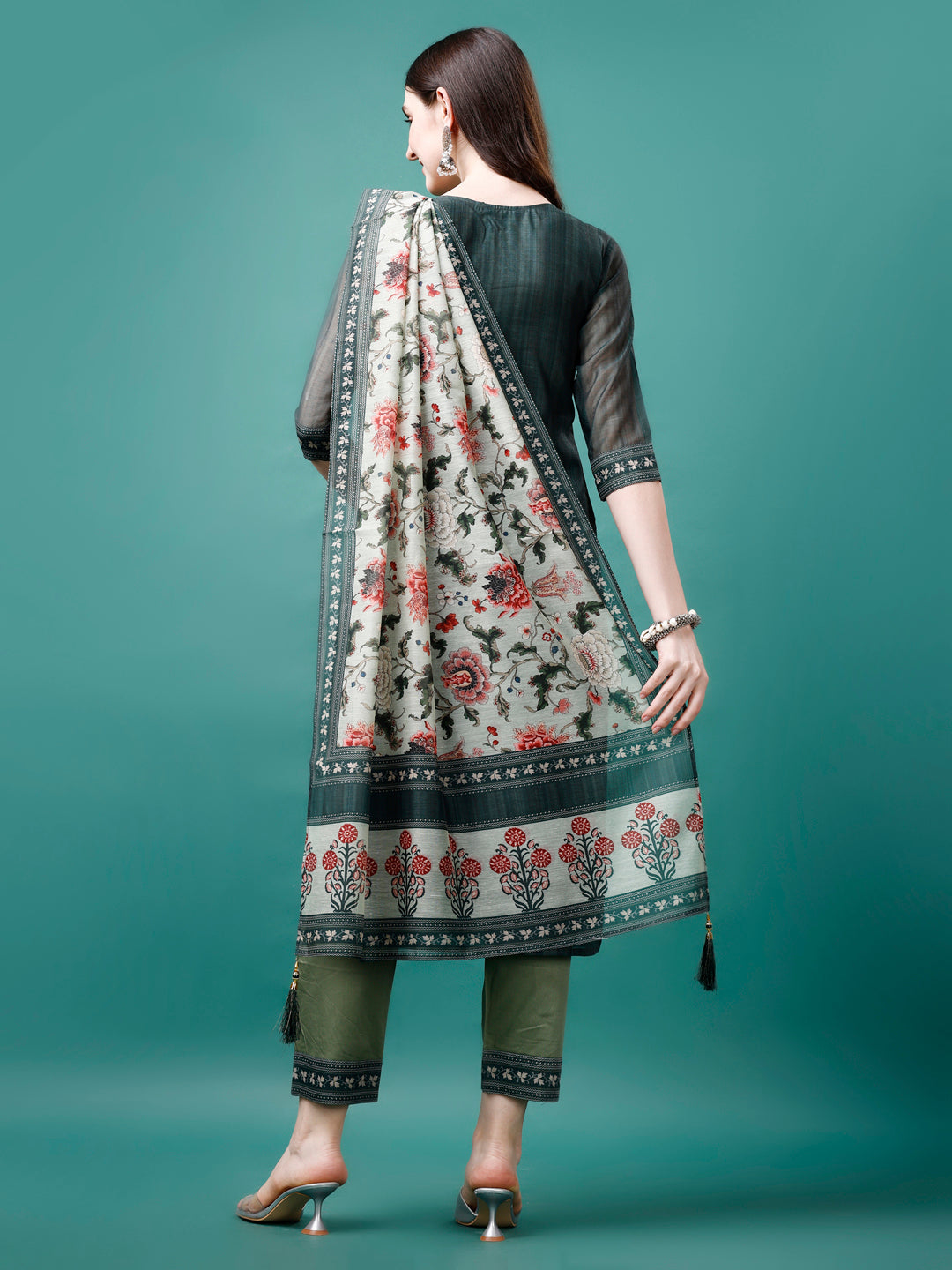 Hand Embroidered Kurta With Pant & Dupatta, Multicolor - Hiral Fashion | Grocsy