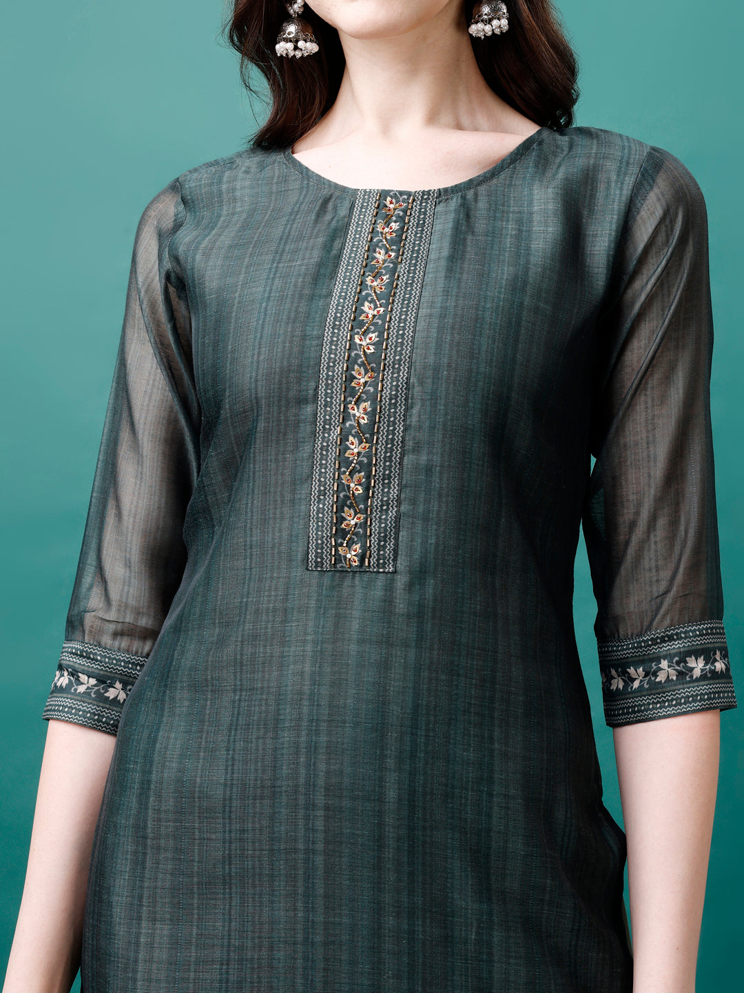 Hand Embroidered Kurta With Pant & Dupatta, Multicolor - Hiral Fashion | Grocsy