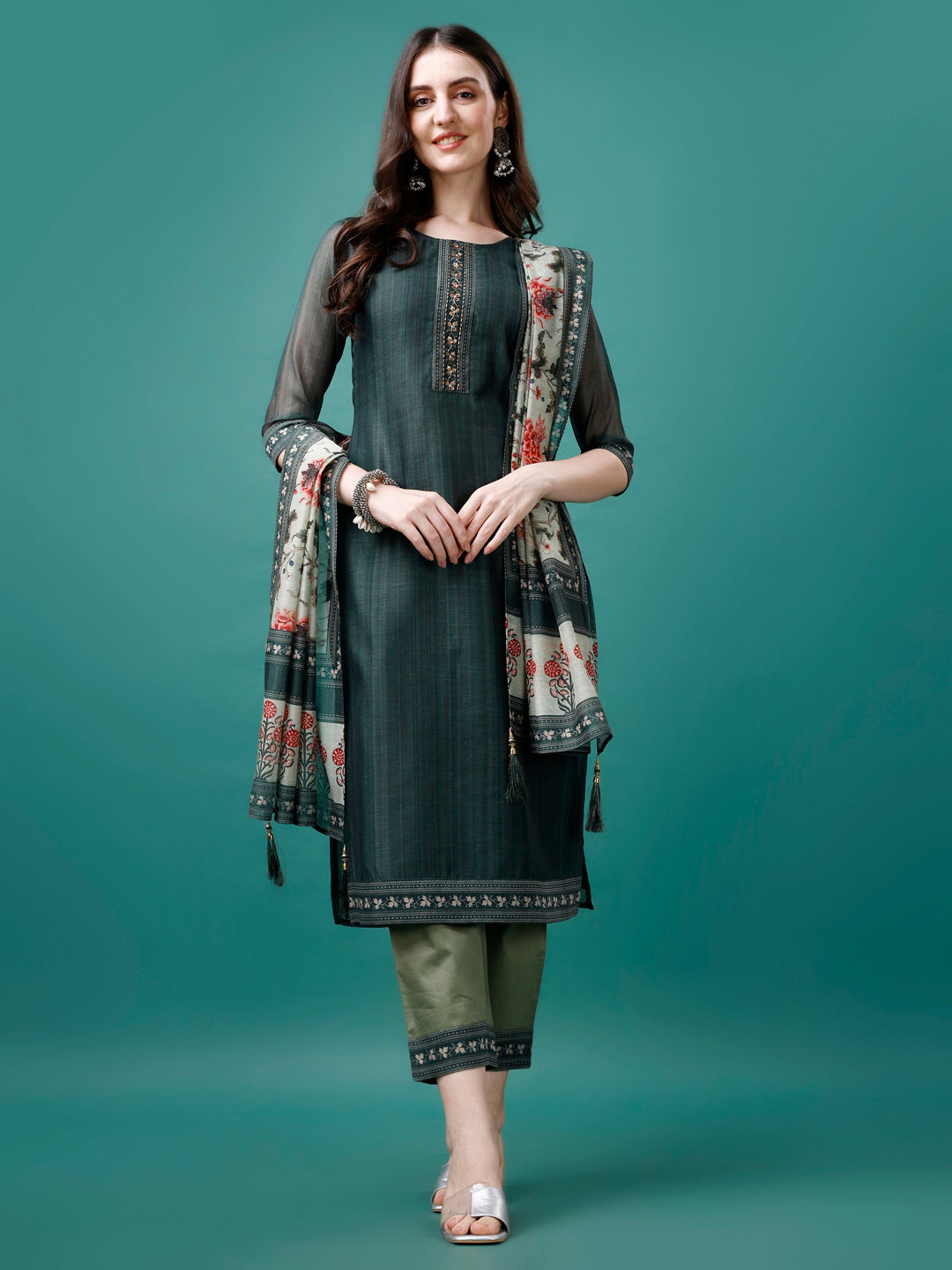Hand Embroidered Kurta With Pant & Dupatta, Multicolor - Hiral Fashion | Grocsy