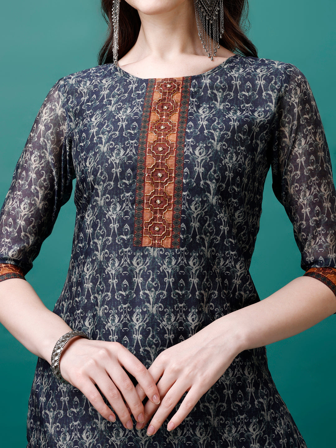 Hand Embroidered Kurta With Pant & Dupatta, Multicolor - Hiral Fashion | Grocsy