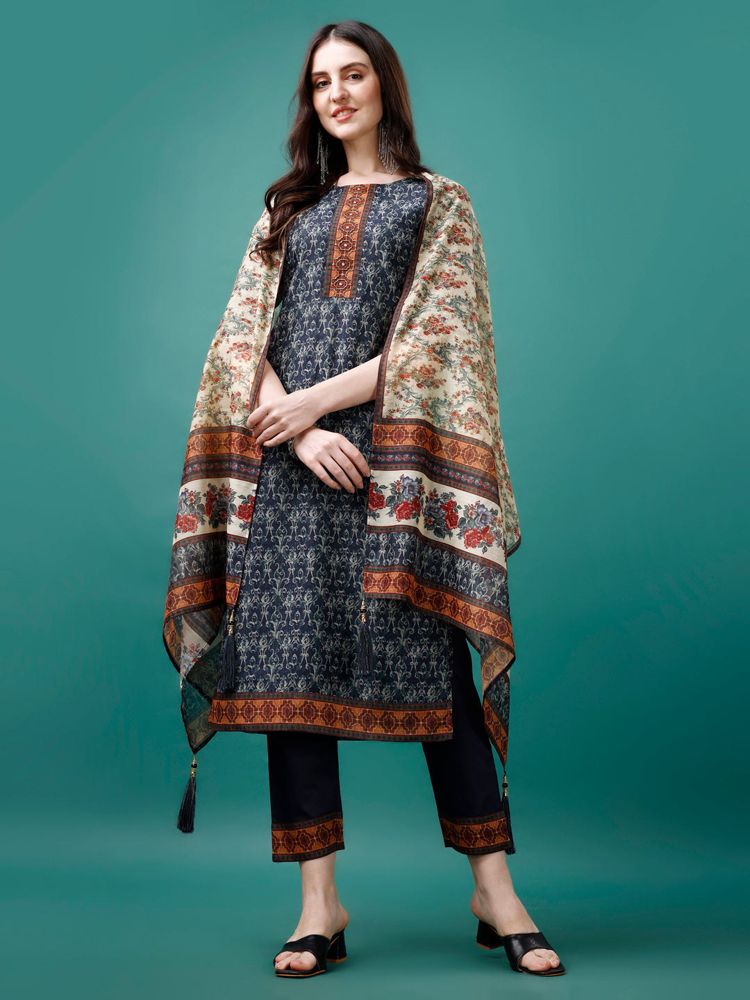 Hand Embroidered Kurta With Pant & Dupatta, Multicolor - Hiral Fashion | Grocsy