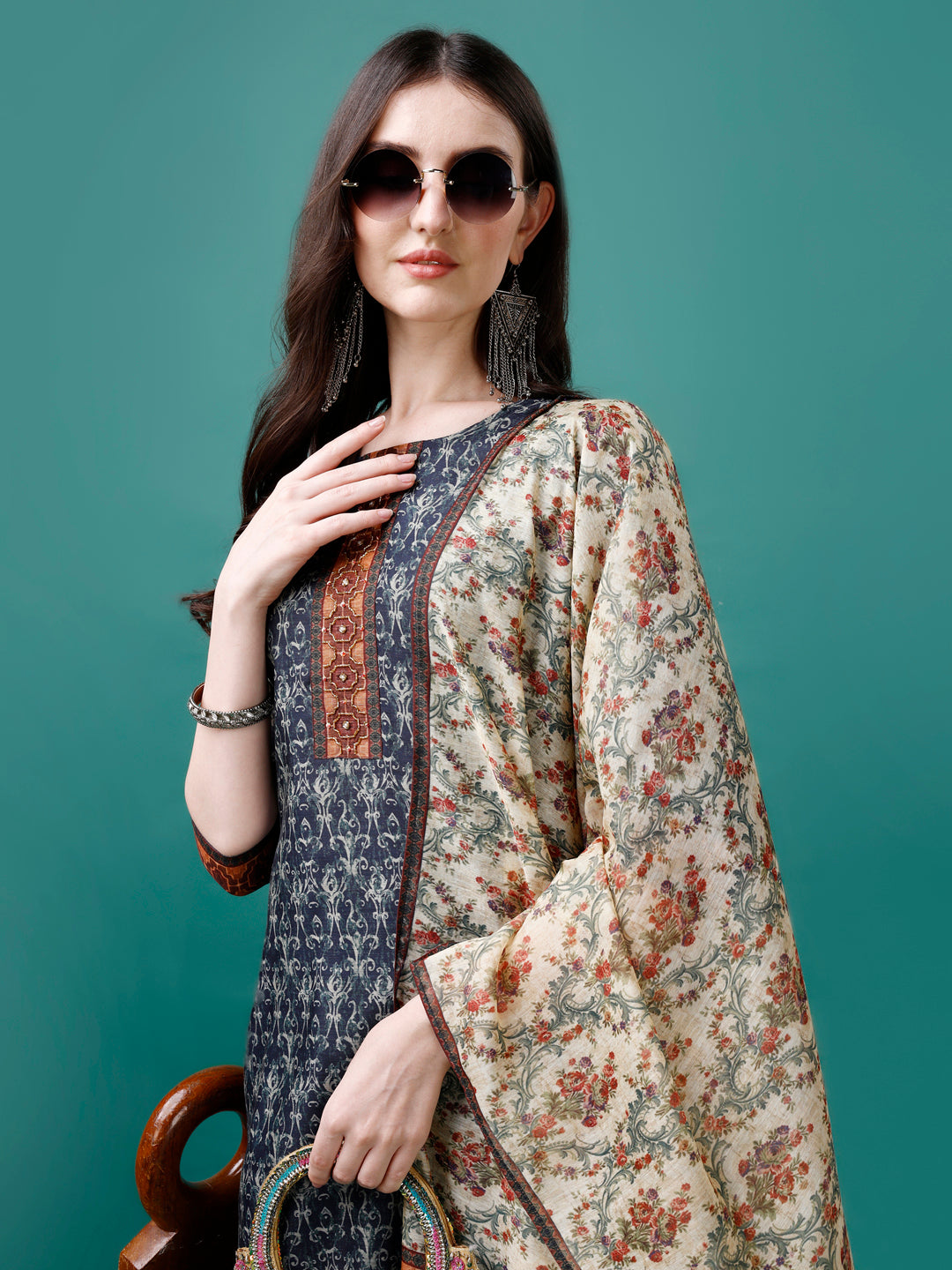 Hand Embroidered Kurta With Pant & Dupatta, Multicolor - Hiral Fashion | Grocsy
