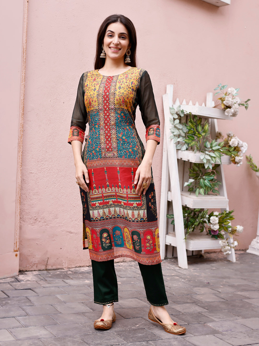 Printed Chanderi Kurta With Pant & Dupatta, Multicolor - Hiral Fashion | Grocsy