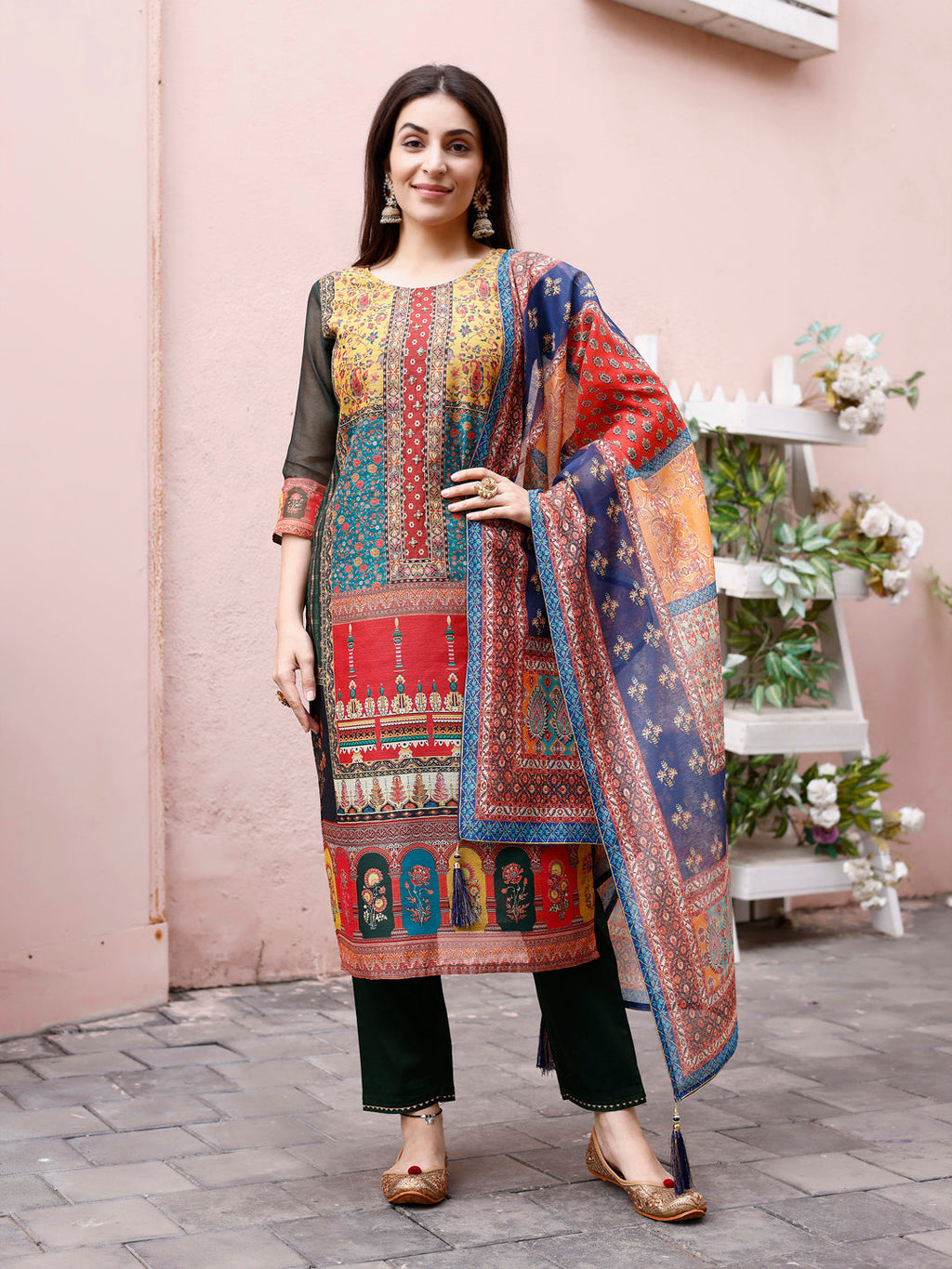 Printed Chanderi Kurta With Pant & Dupatta, Multicolor - Hiral Fashion | Grocsy
