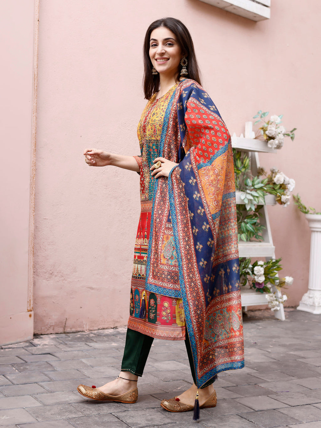 Printed Chanderi Kurta With Pant & Dupatta, Multicolor - Hiral Fashion | Grocsy