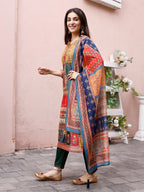 Printed Chanderi Kurta With Pant & Dupatta, Multicolor - Hiral Fashion | Grocsy