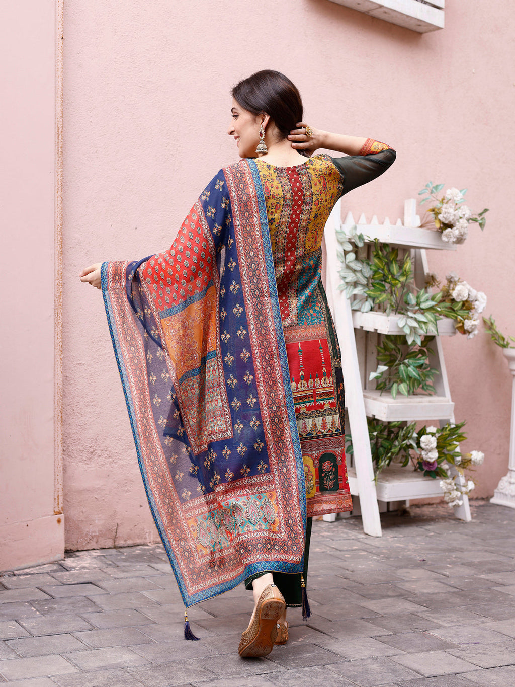 Printed Chanderi Kurta With Pant & Dupatta, Multicolor - Hiral Fashion | Grocsy