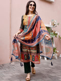 Printed Chanderi Kurta With Pant & Dupatta, Multicolor - Hiral Fashion | Grocsy