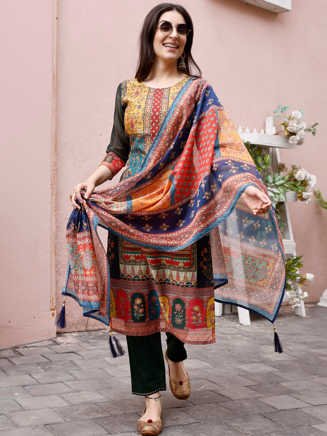 Printed Chanderi Kurta With Pant & Dupatta, Multicolor - Hiral Fashion | Grocsy