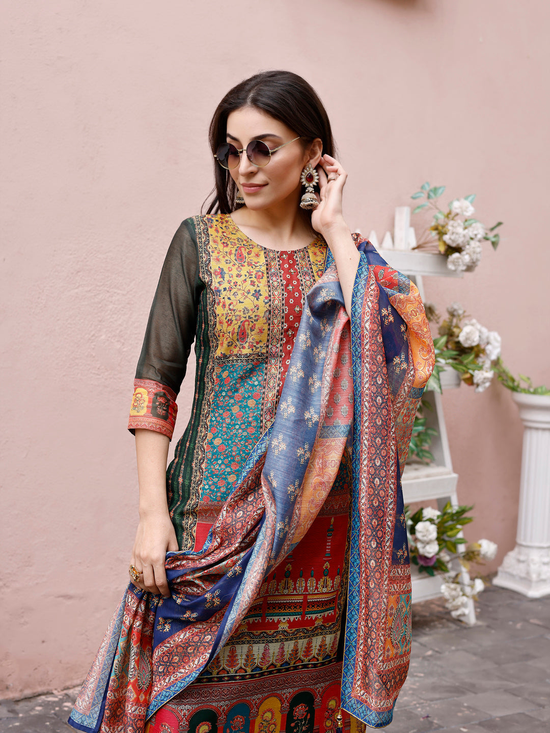 Printed Chanderi Kurta With Pant & Dupatta, Multicolor - Hiral Fashion | Grocsy
