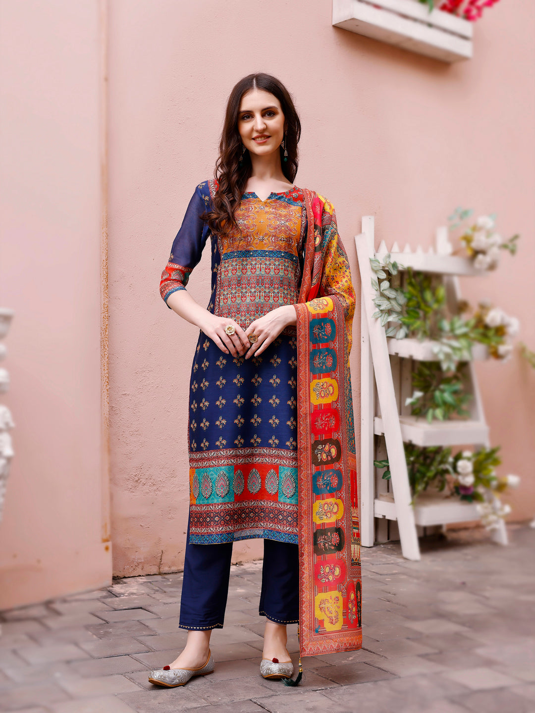Printed Chanderi Kurta With Pant & Dupatta, Multicolor - Hiral Fashion | Grocsy