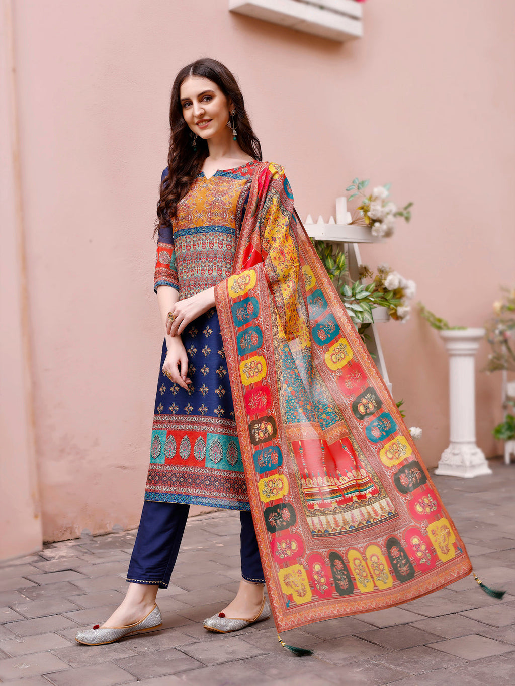Printed Chanderi Kurta With Pant & Dupatta, Multicolor - Hiral Fashion | Grocsy