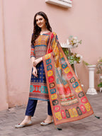 Printed Chanderi Kurta With Pant & Dupatta, Multicolor - Hiral Fashion | Grocsy