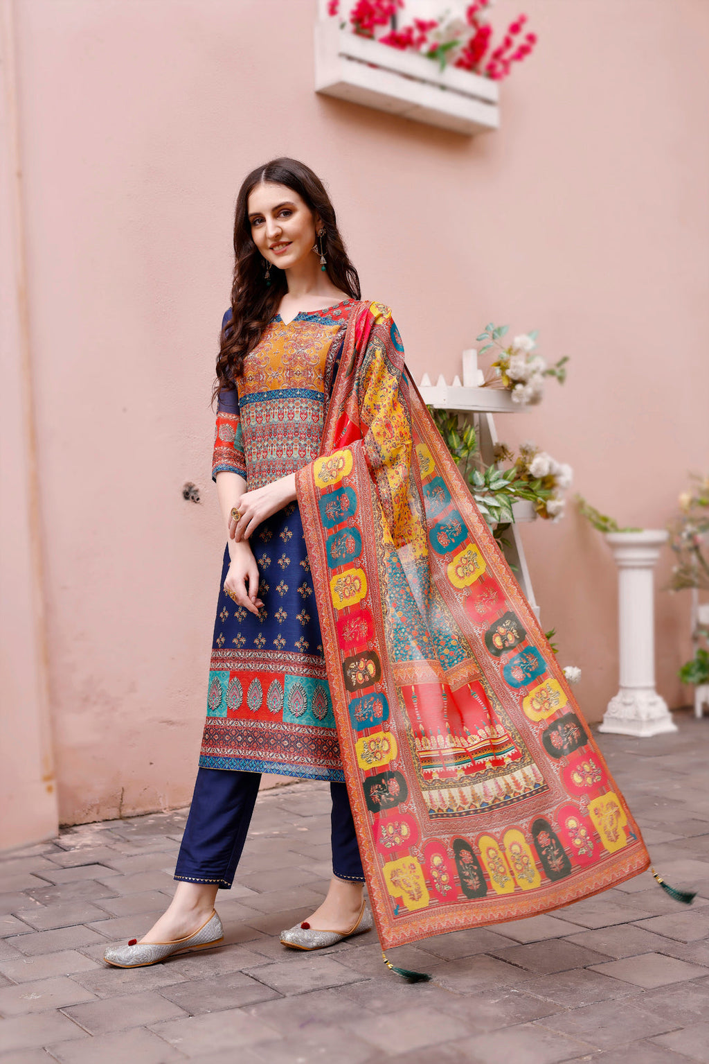 Printed Chanderi Kurta With Pant & Dupatta, Multicolor - Hiral Fashion | Grocsy