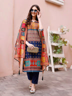 Printed Chanderi Kurta With Pant & Dupatta, Multicolor - Hiral Fashion | Grocsy