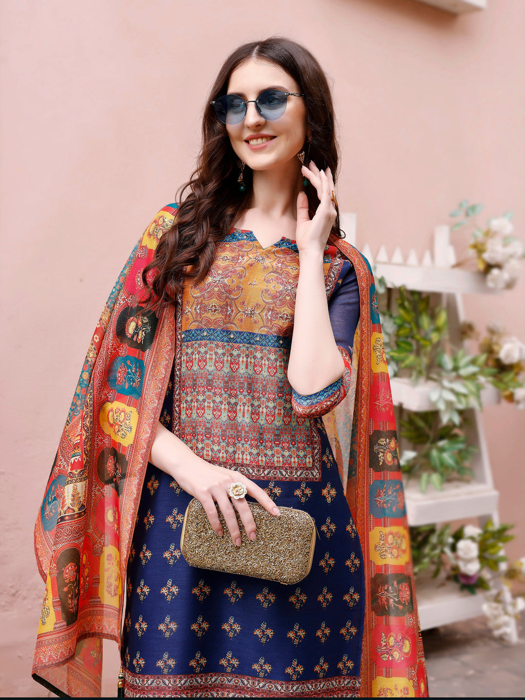 Printed Chanderi Kurta With Pant & Dupatta, Multicolor - Hiral Fashion | Grocsy
