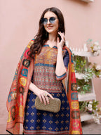 Printed Chanderi Kurta With Pant & Dupatta, Multicolor - Hiral Fashion | Grocsy