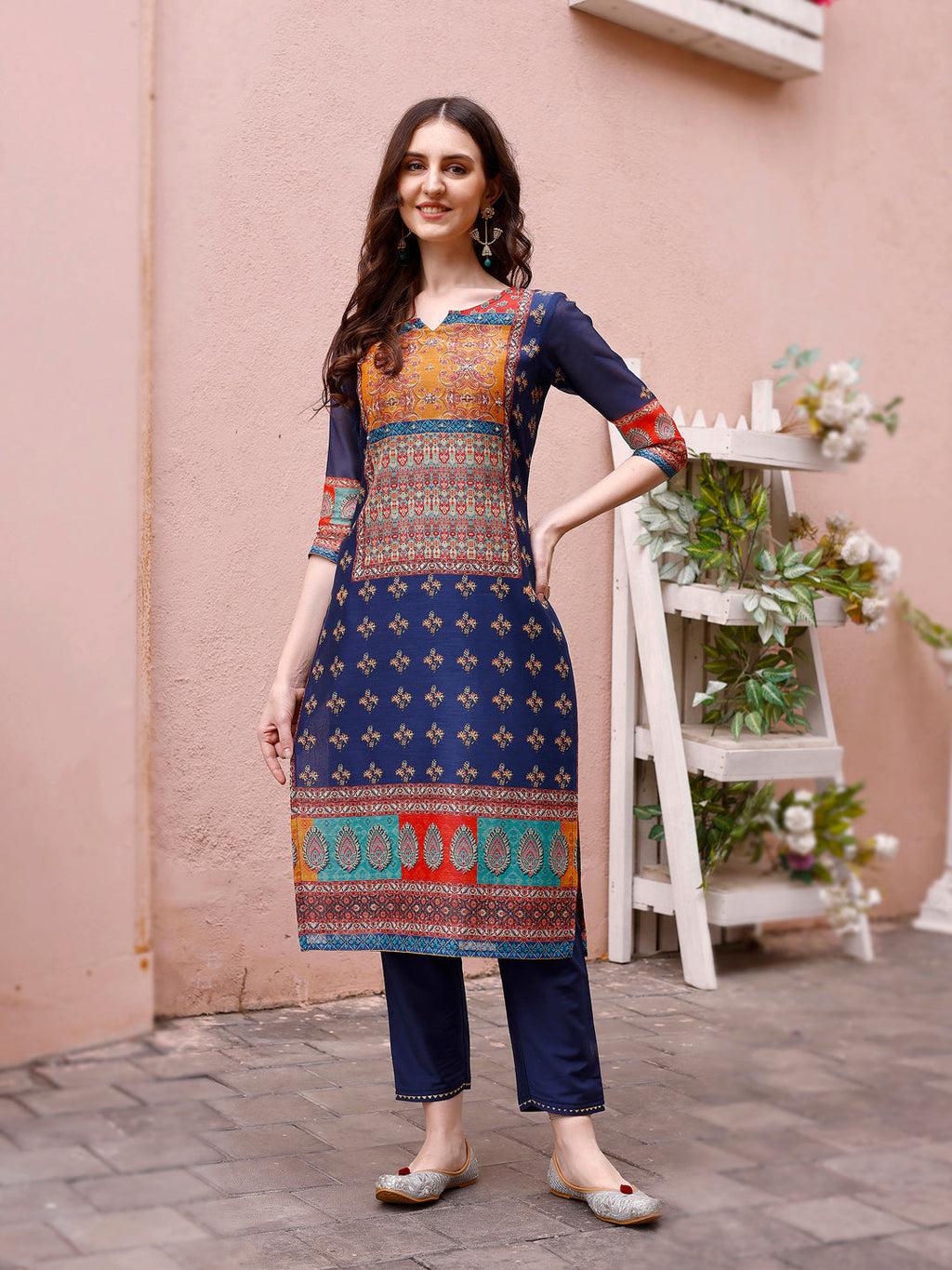 Printed Chanderi Kurta With Pant & Dupatta, Multicolor - Hiral Fashion | Grocsy