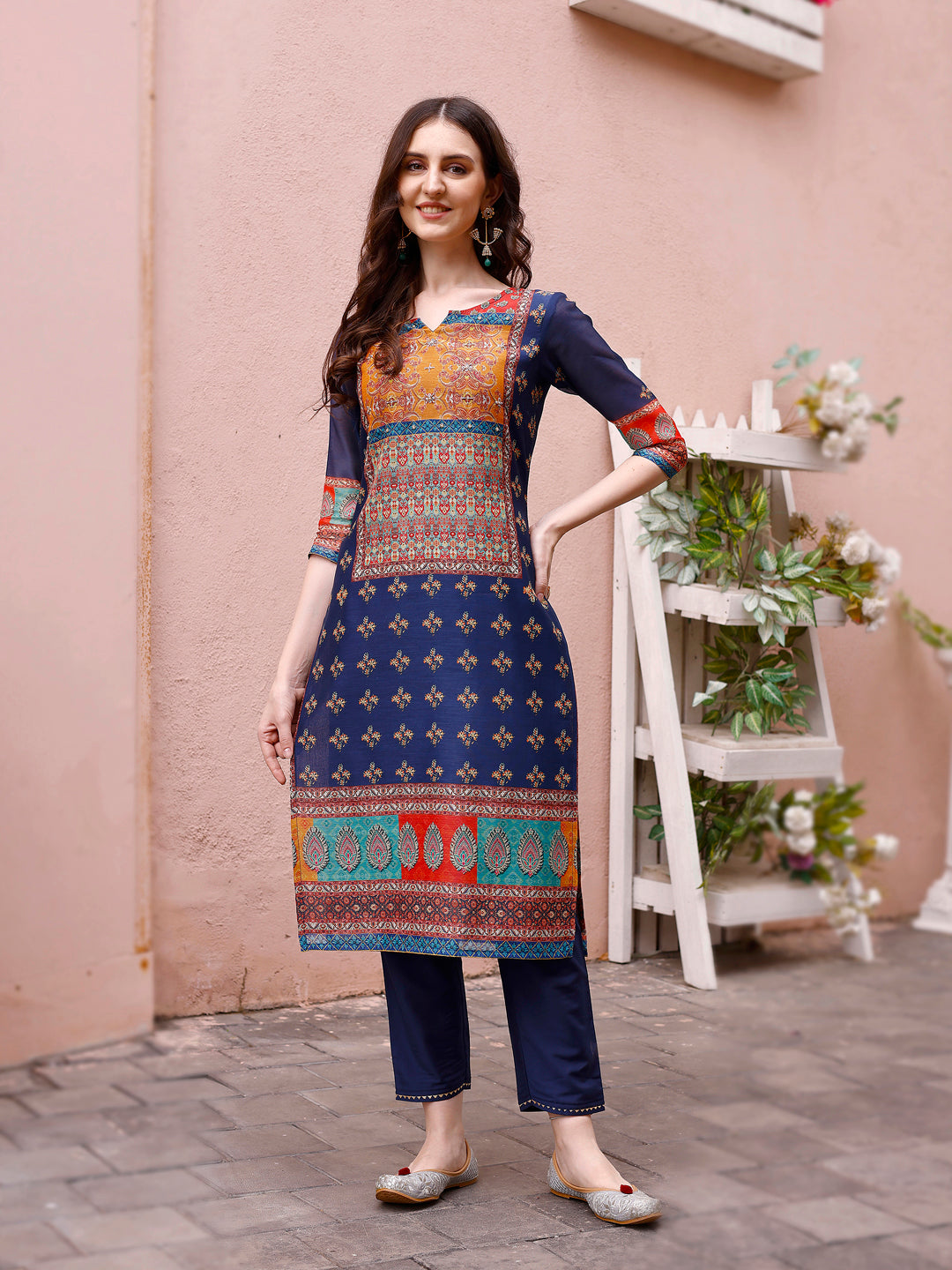 Printed Chanderi Kurta With Pant & Dupatta, Multicolor - Hiral Fashion | Grocsy