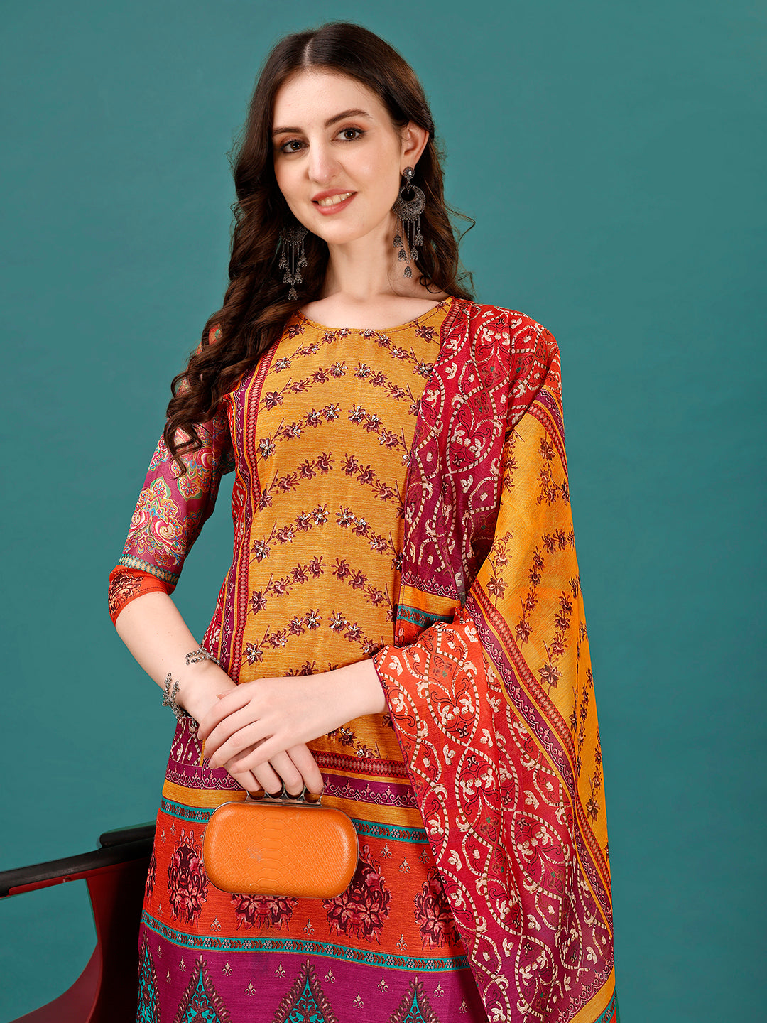 Printed & Hand Embroidered Kurta With Pant & Dupatta, Multicolor - Hiral Fashion | Grocsy