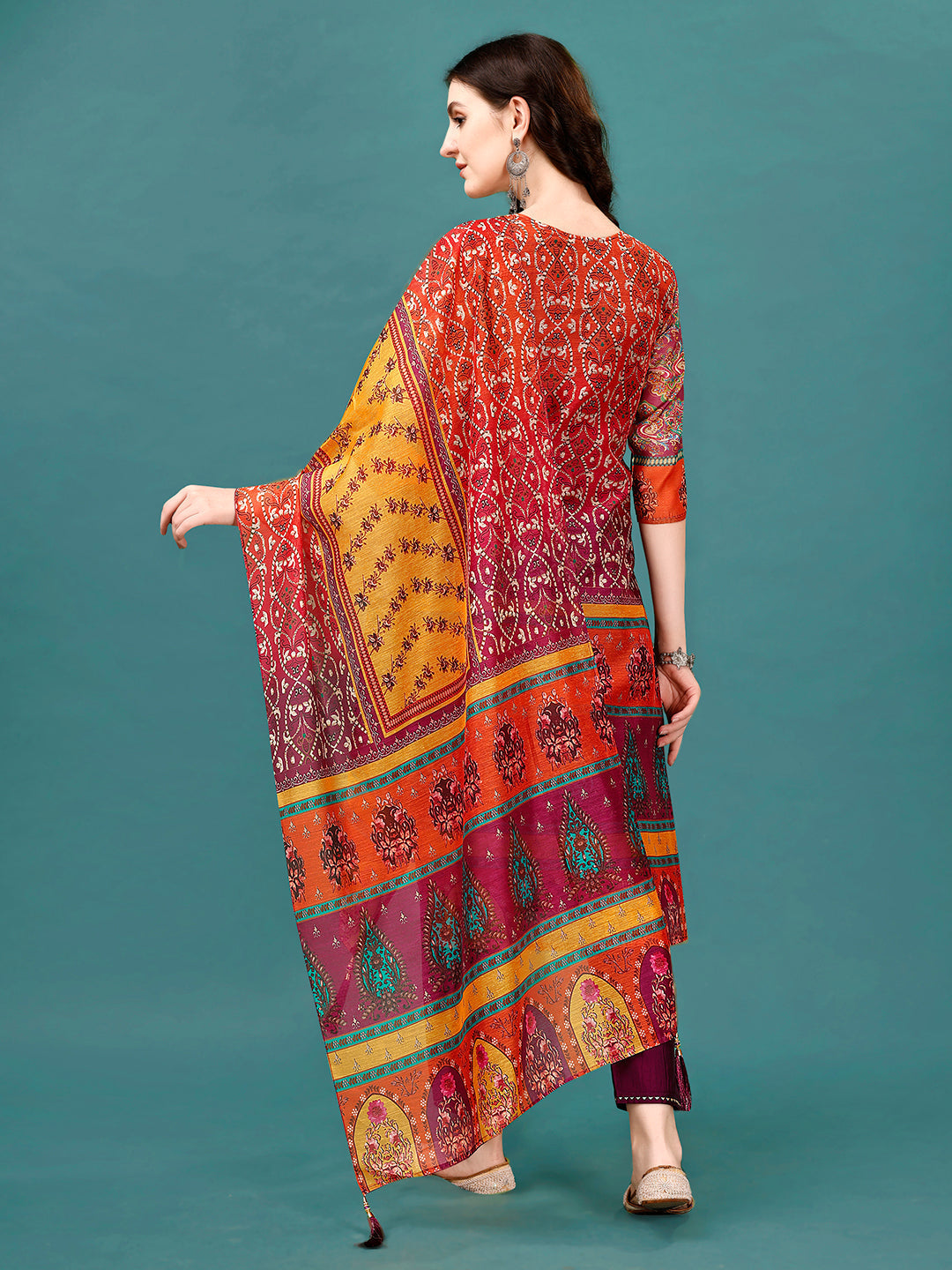 Printed & Hand Embroidered Kurta With Pant & Dupatta, Multicolor - Hiral Fashion | Grocsy