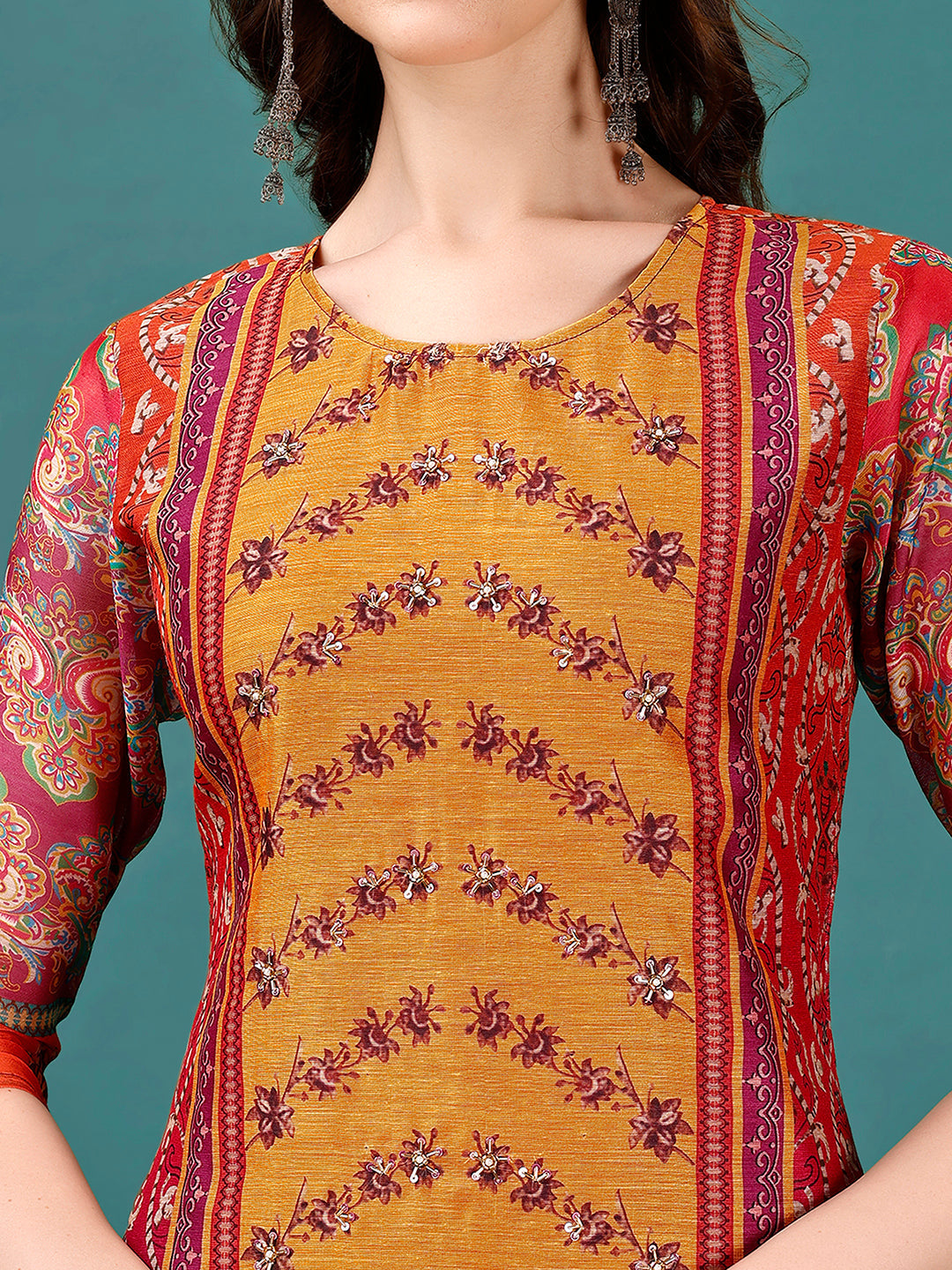 Printed & Hand Embroidered Kurta With Pant & Dupatta, Multicolor - Hiral Fashion | Grocsy
