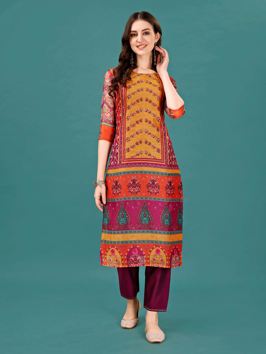 Printed & Hand Embroidered Kurta With Pant & Dupatta, Multicolor - Hiral Fashion | Grocsy