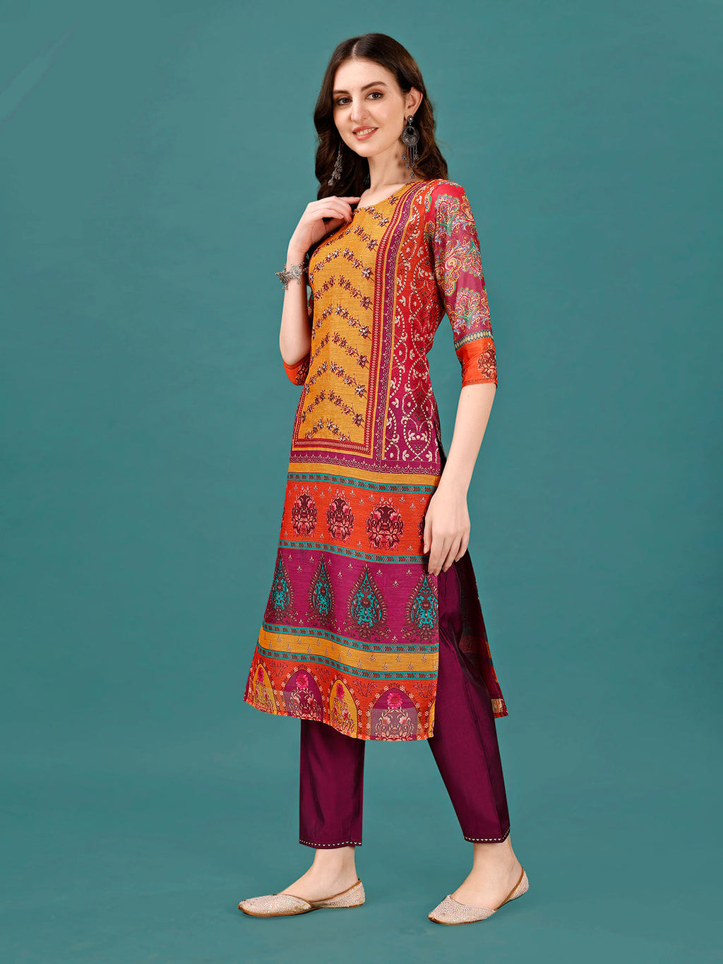 Printed & Hand Embroidered Kurta With Pant & Dupatta, Multicolor - Hiral Fashion | Grocsy