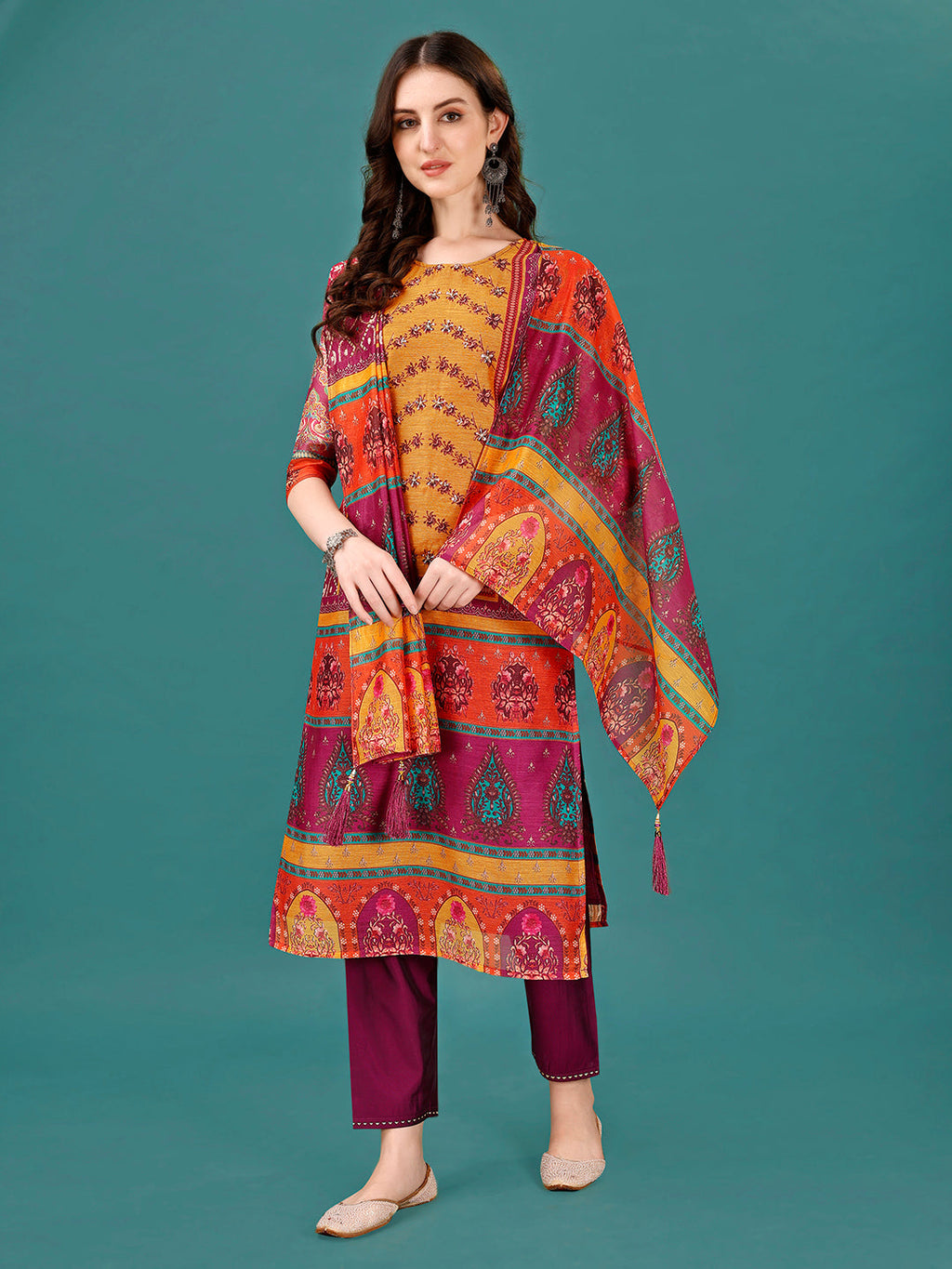 Printed & Hand Embroidered Kurta With Pant & Dupatta, Multicolor - Hiral Fashion | Grocsy