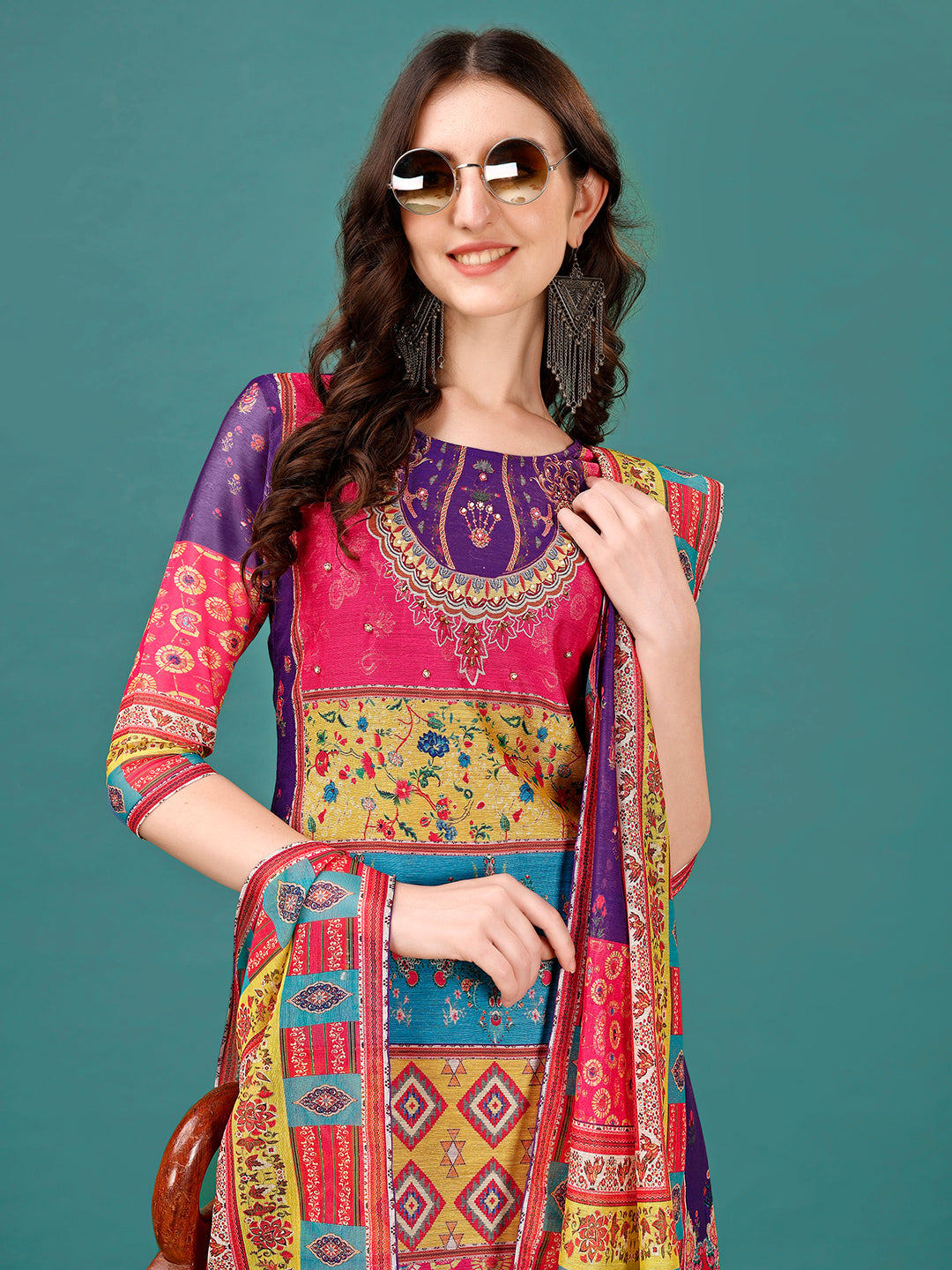 Printed & Hand Embroidered Kurta With Pant & Dupatta, Multicolor - Hiral Fashion | Grocsy