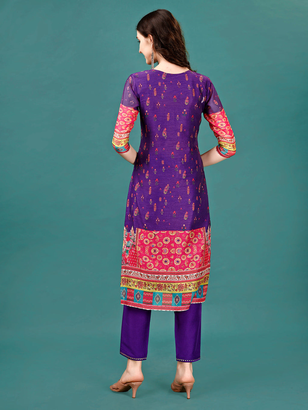 Printed & Hand Embroidered Kurta With Pant & Dupatta, Multicolor - Hiral Fashion | Grocsy