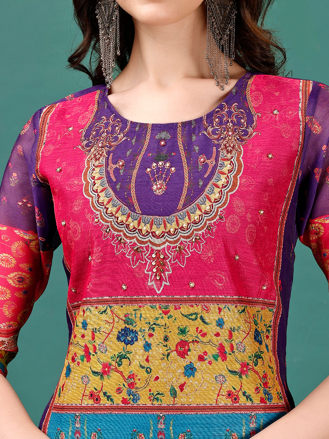 Printed & Hand Embroidered Kurta With Pant & Dupatta, Multicolor - Hiral Fashion | Grocsy