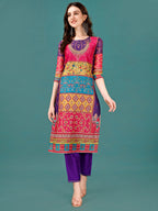 Printed & Hand Embroidered Kurta With Pant & Dupatta, Multicolor - Hiral Fashion | Grocsy
