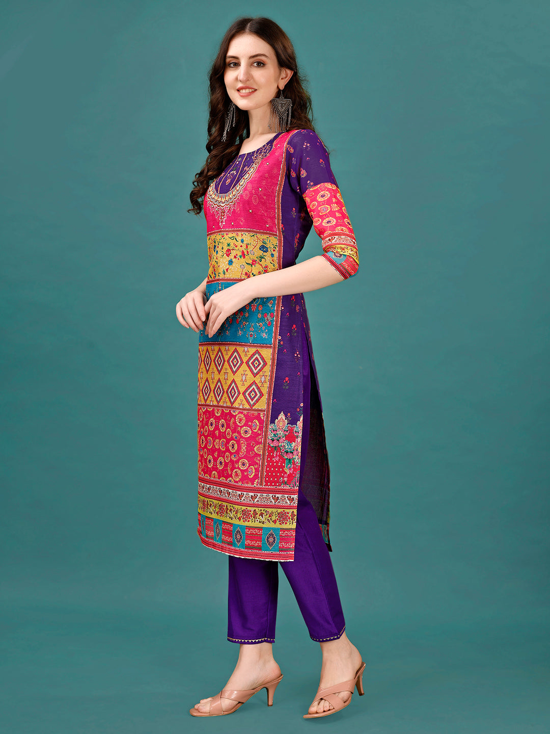 Printed & Hand Embroidered Kurta With Pant & Dupatta, Multicolor - Hiral Fashion | Grocsy