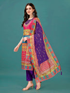 Printed & Hand Embroidered Kurta With Pant & Dupatta, Multicolor - Hiral Fashion | Grocsy
