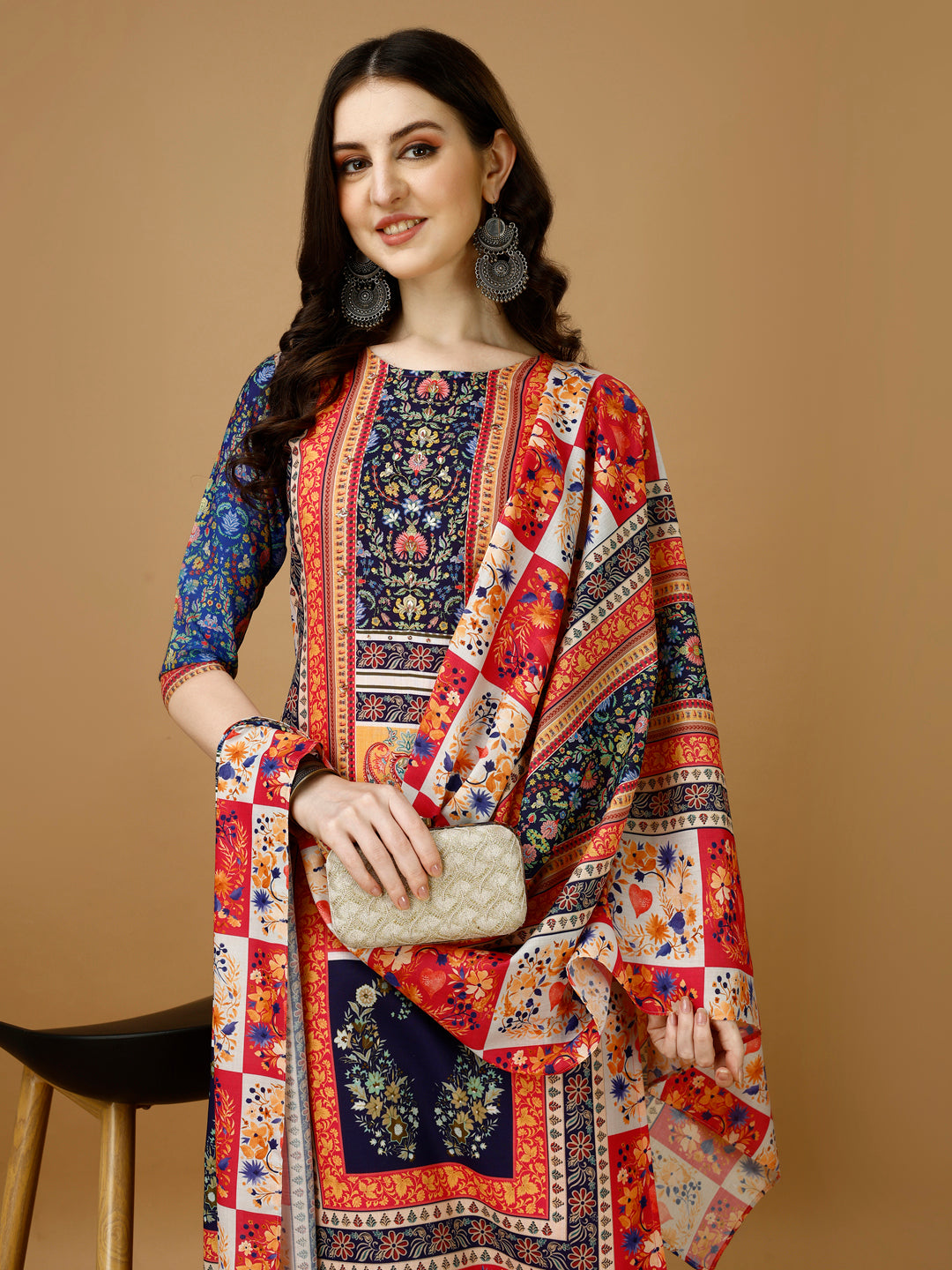 Hand Embroidered & Printed Kurta With Pant & Printed Dupatta, Multicolor - Hiral Fashion | Grocsy