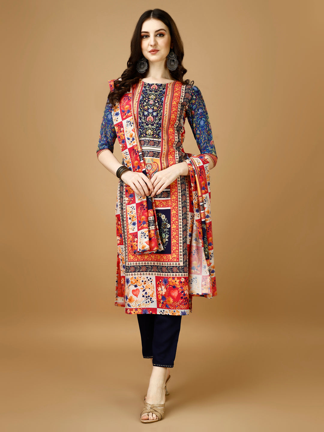 Hand Embroidered & Printed Kurta With Pant & Printed Dupatta, Multicolor - Hiral Fashion | Grocsy
