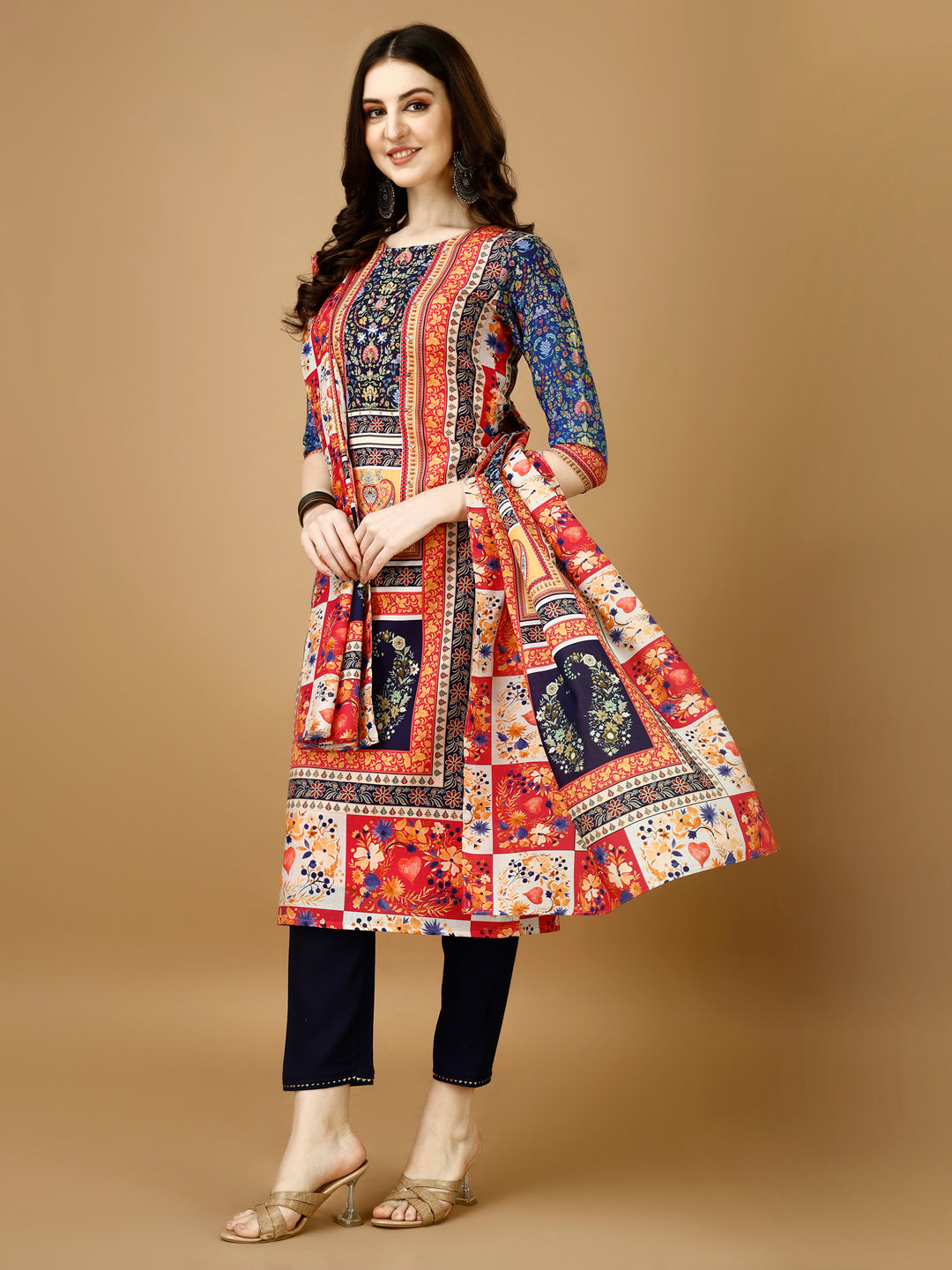 Hand Embroidered & Printed Kurta With Pant & Printed Dupatta, Multicolor - Hiral Fashion | Grocsy