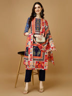 Hand Embroidered & Printed Kurta With Pant & Printed Dupatta, Multicolor - Hiral Fashion | Grocsy